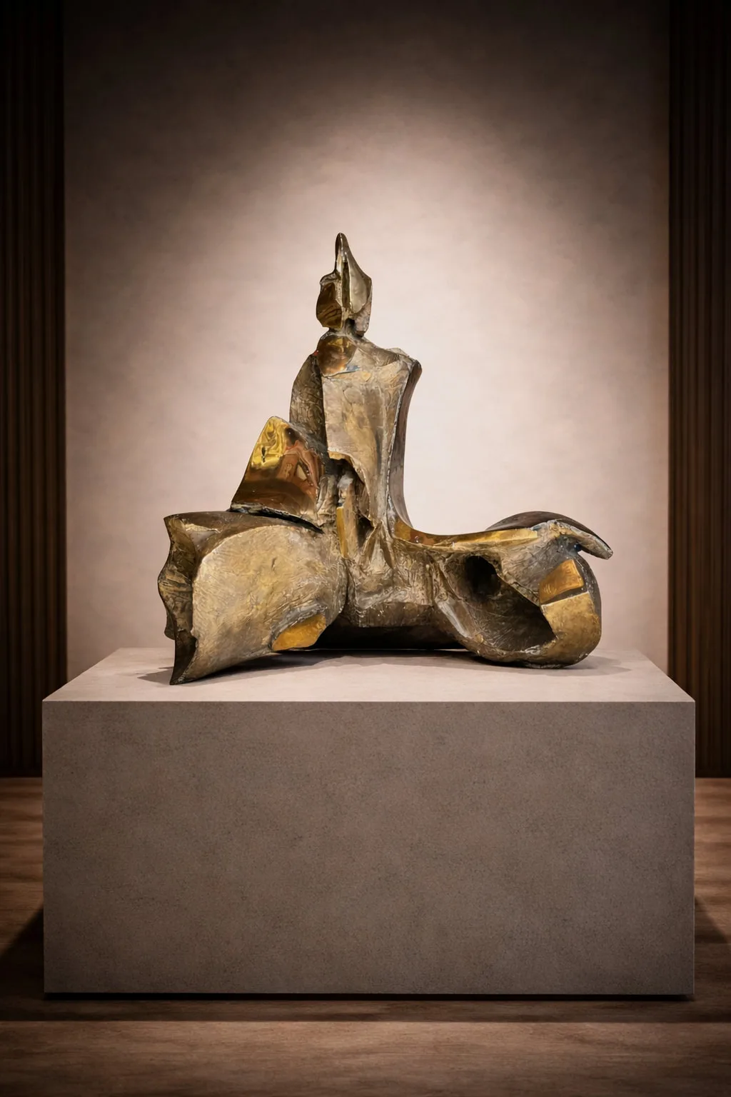 Scultura in bronzo su basamento in galleria